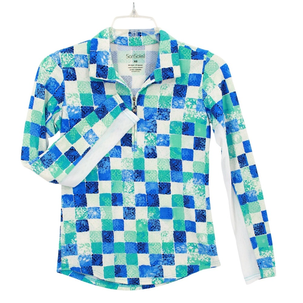 SanSoleil Quarter Zip Golf Top XS SolCool UV 50+ Cooling Blue Green Tile